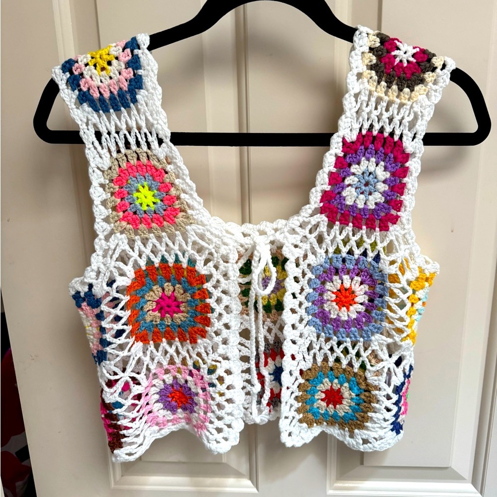 Handmade White Crochet Multi-Color Crop Top Vest